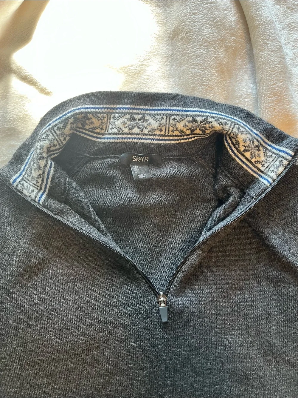 100% Merino Skyr Charcoal Quarter-Zip Sweater with Blue Stripe